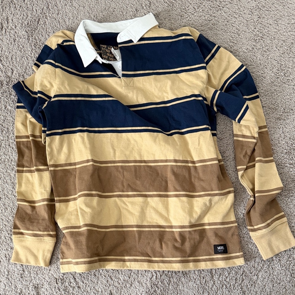 Vans Mens Long-Sleeve Striped Rugby Shirt in Navy & Tan M